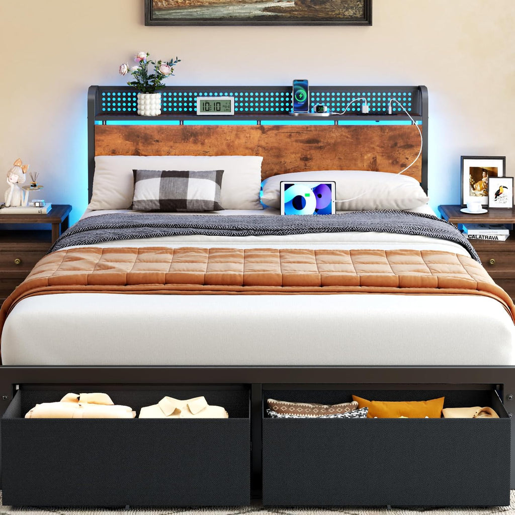 Queen Size Bed Frame With Headboard Storage, Platform Bed Frame Queen Size With 2 Drawers, Charging Station And Led Lights, No Box Spring Needed, Noise Free, Easy Assembly (1200 Lbs Capacity)