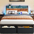 Queen Size Bed Frame With Headboard Storage, Platform Bed Frame Queen Size With 2 Drawers, Charging Station And Led Lights, No Box Spring Needed, Noise Free, Easy Assembly (1200 Lbs Capacity)