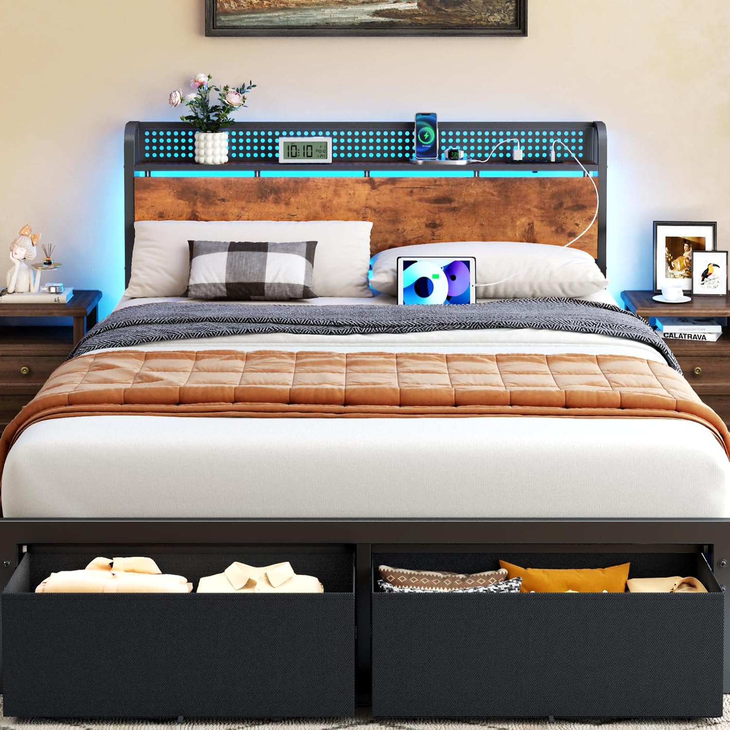 Queen Size Bed Frame With Headboard Storage, Platform Bed Frame Queen Size With 2 Drawers, Charging Station And Led Lights, No Box Spring Needed, Noise Free, Easy Assembly (1200 Lbs Capacity)