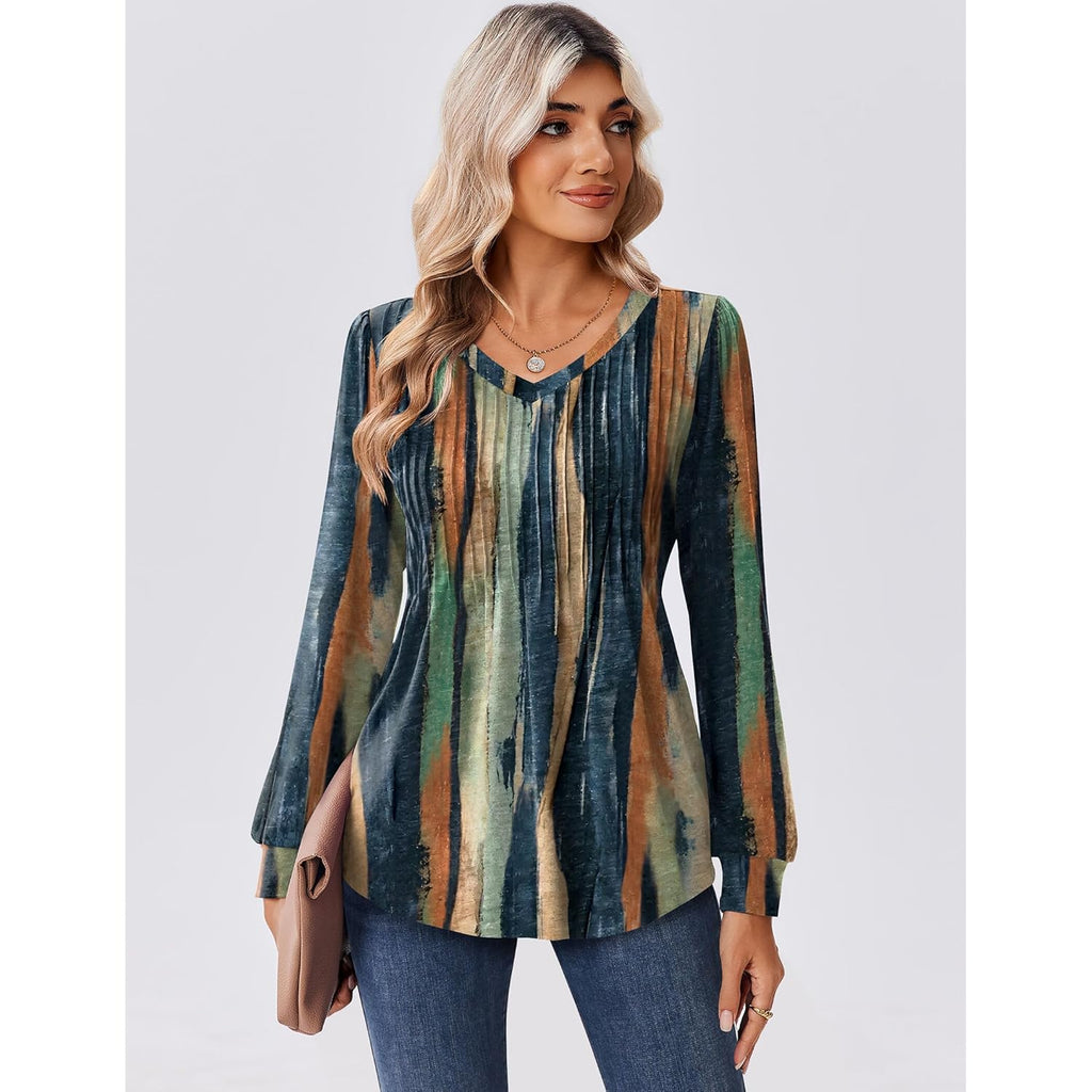 Long Sleeve Shirts for Women Casual V Neck Top Pleated Floral Boho Blouses 2026 Fall Tunics