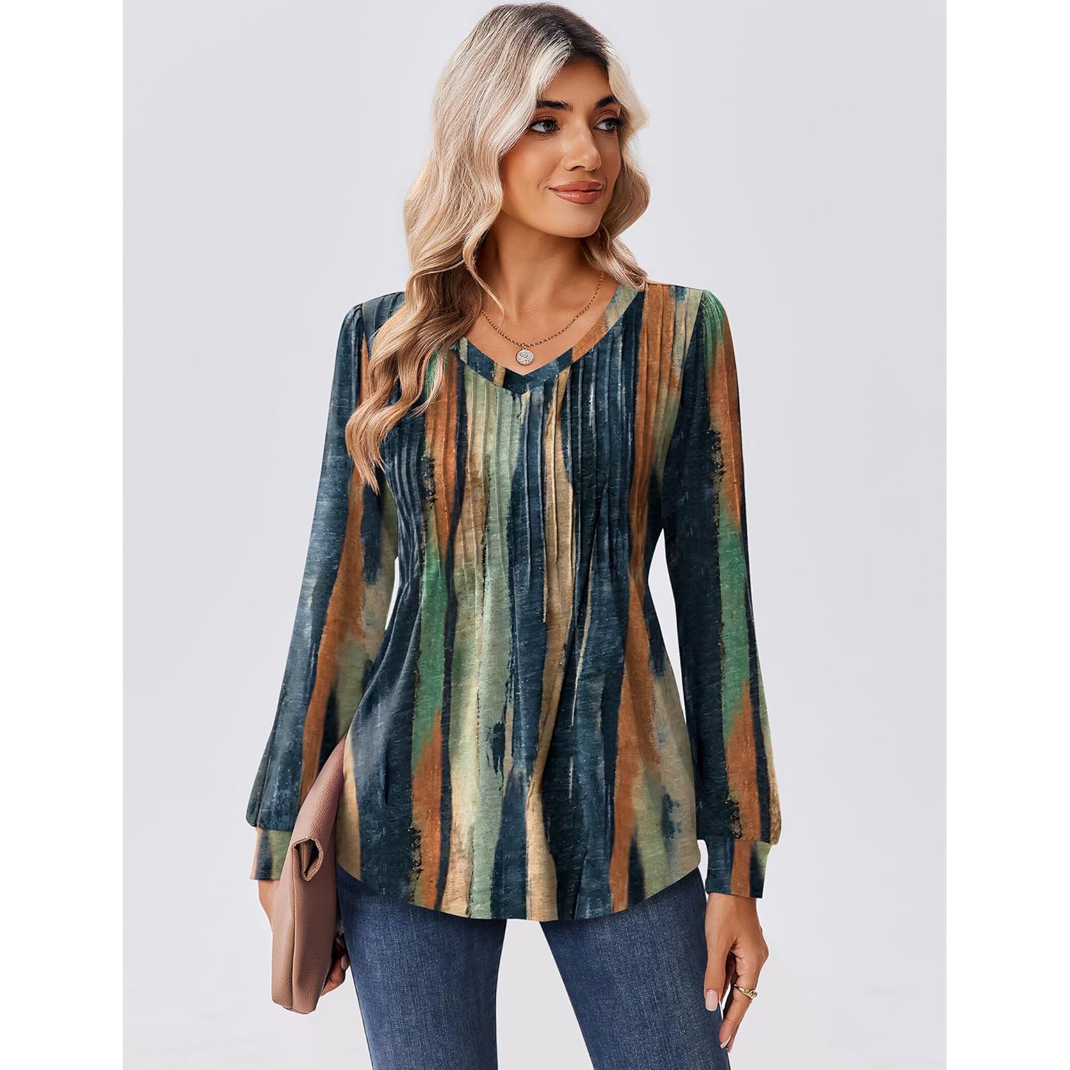 Long Sleeve Shirts for Women Casual V Neck Top Pleated Floral Boho Blouses 2026 Fall Tunics