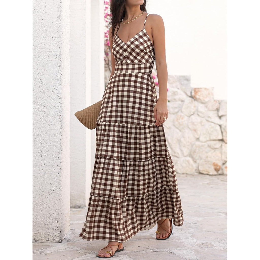 Caracilia Women'S Gingham Striped Smocked Maxi Dress | Spaghetti Strap,Pockets,V Neck A-Line ,Checkered Plaid, Boho Casual,Beach Vacation Resort Cruise Outfits,Summer Fall Clothes