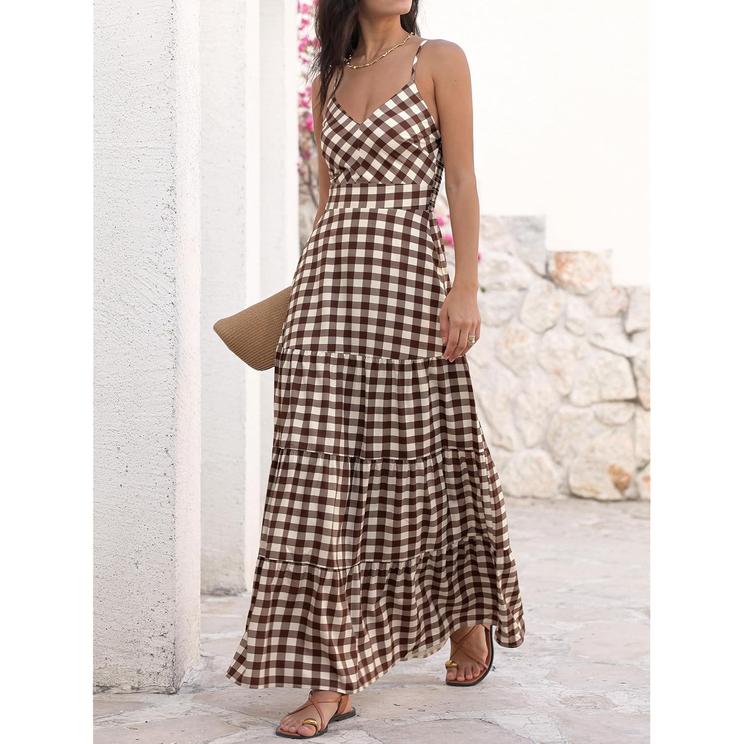 Caracilia Women'S Gingham Striped Smocked Maxi Dress | Spaghetti Strap,Pockets,V Neck A-Line ,Checkered Plaid, Boho Casual,Beach Vacation Resort Cruise Outfits,Summer Fall Clothes