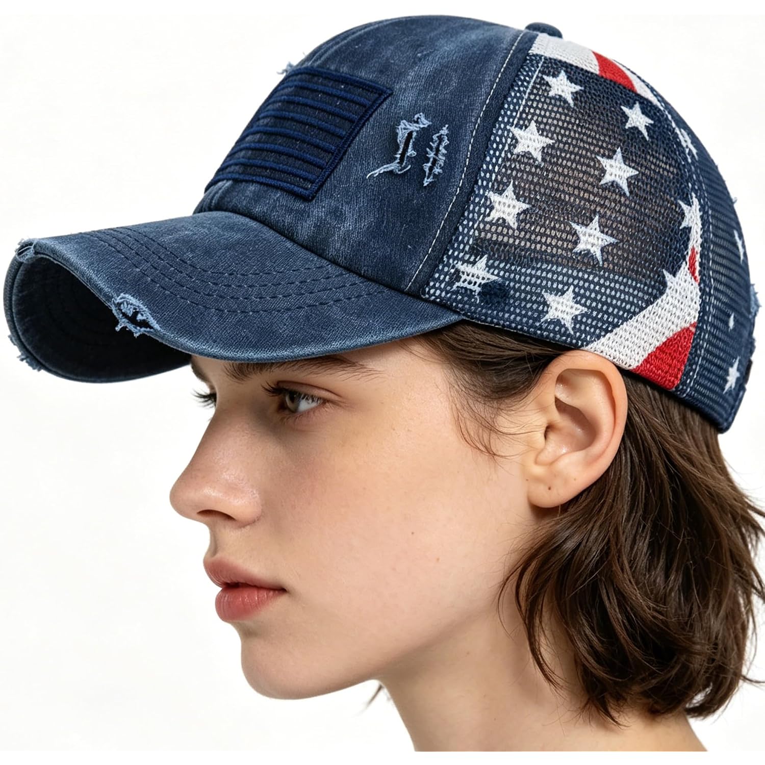 Women Men Patriotic Baseball Hats for 4th of July American Flag Trucker Hats Adjustable USA Dad Caps Medium Navy-mesh Back