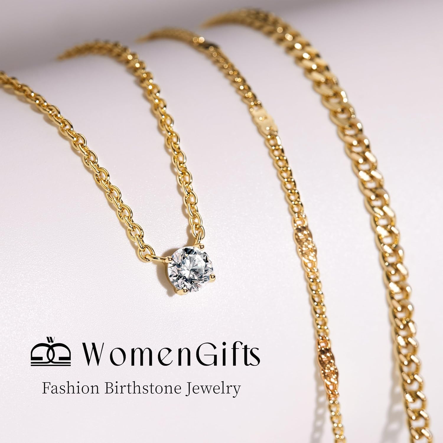 WomenGifts Layered Gold Necklaces for Women, 14K Gold Sterling Silver Plated Dainty Pendant Necklace Set Non Tarnish, Chunky Stackable Cuban Chain Choker, Trendy Personalized Birthstone Jewelry Gift for Mom