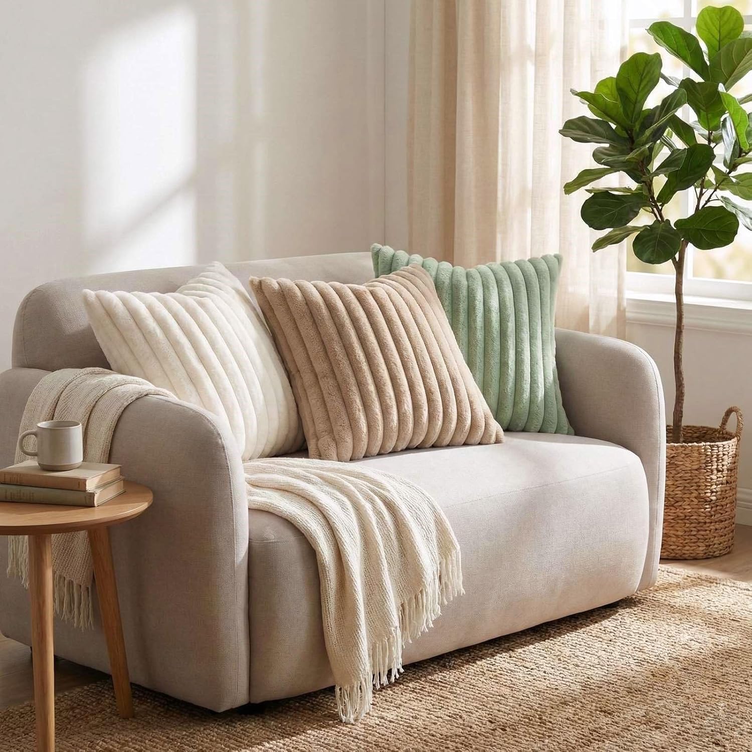 Pallene Faux Fur Plush Fall Throw Pillow Covers 18x18 Set of 2, Luxury Soft Fluffy Striped Decorative Pillow Covers for Sofa, Couch, Living Room, Cream White