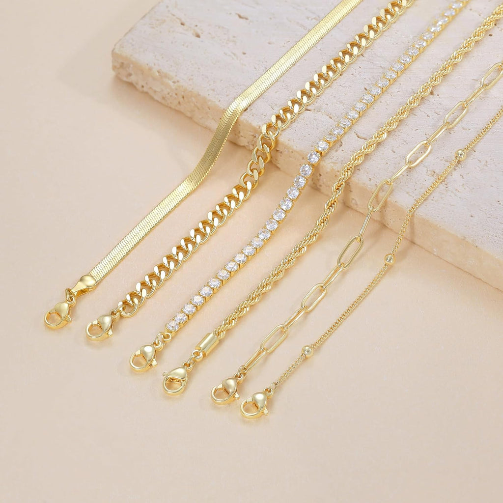 DEARMAY 14K Gold Plated Ankle Bracelets for Women Waterproof - Dainty 6Pcs Anklets Layered Cuban Link Chain Herringbone Cute Anklets Set Pack Summer Beach Jewelry Gift for Women Teen