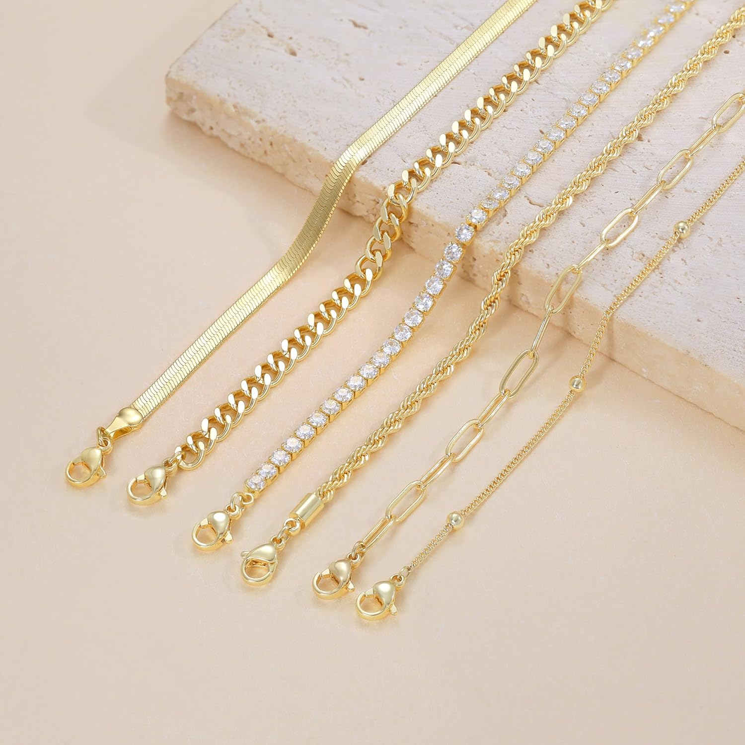 DEARMAY 14K Gold Plated Ankle Bracelets for Women Waterproof - Dainty 6Pcs Anklets Layered Cuban Link Chain Herringbone Cute Anklets Set Pack Summer Beach Jewelry Gift for Women Teen