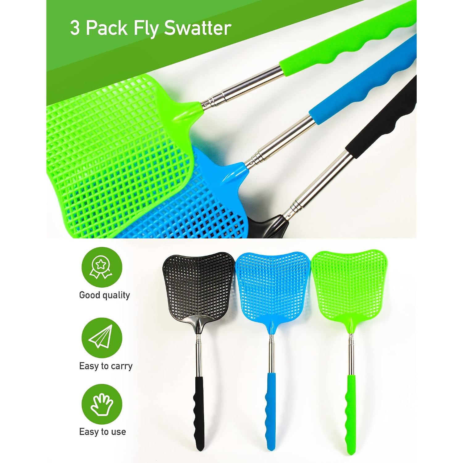 Wapodeai 3 Pcs Fly Swatter, Fly Swatters Plastic Telescopic, Large Bug Swatter That Work For Indoor And Outdoor. (Black Blue Green)