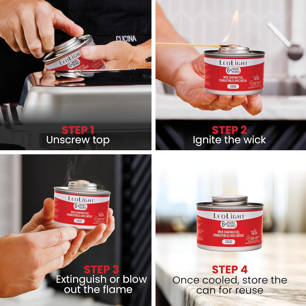 12 Pack Chafing Fuel 6 Hour Burn – Odorless, Smokeless & Spill-Proof Wick, 7.8oz Food Warmer Fuel for Chafing Dish Sets, Catering Events, Buffets, Parties & Weddings, LeoLight Cans