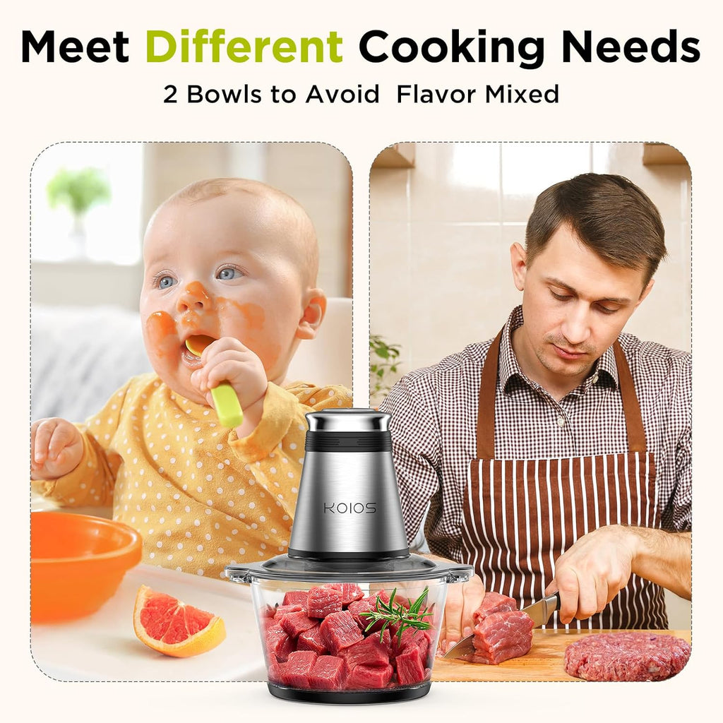 Koios Food Processor, 500W Electric Food Chopper With 2 Bowls (8 Cup+8 Cup) & 2 Bi-Level Blades&, Small Electric Grinder Meat Processor For Nuts, Meat, Onion, Garlic, Baby Food, Black