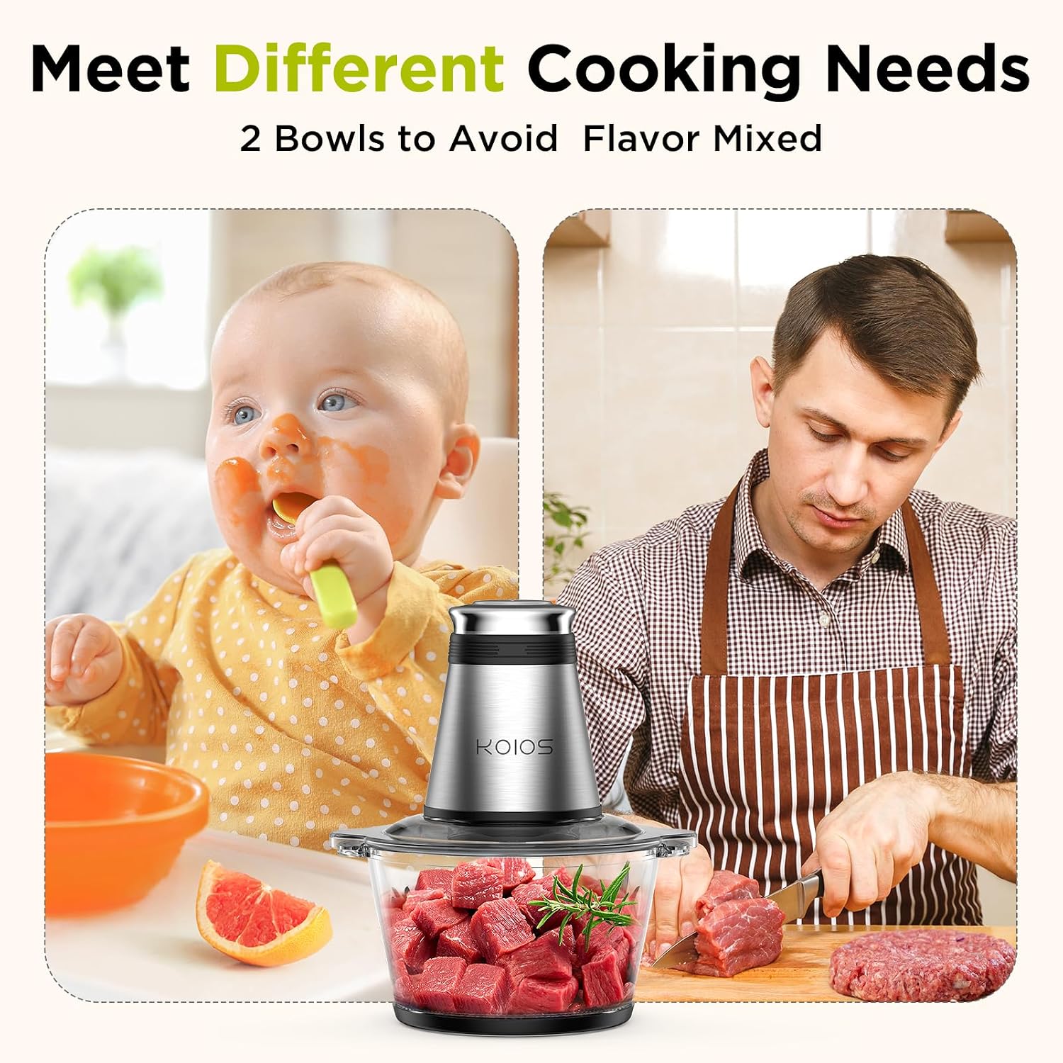 Koios Food Processor, 500W Electric Food Chopper With 2 Bowls (8 Cup+8 Cup) & 2 Bi-Level Blades&, Small Electric Grinder Meat Processor For Nuts, Meat, Onion, Garlic, Baby Food, Black
