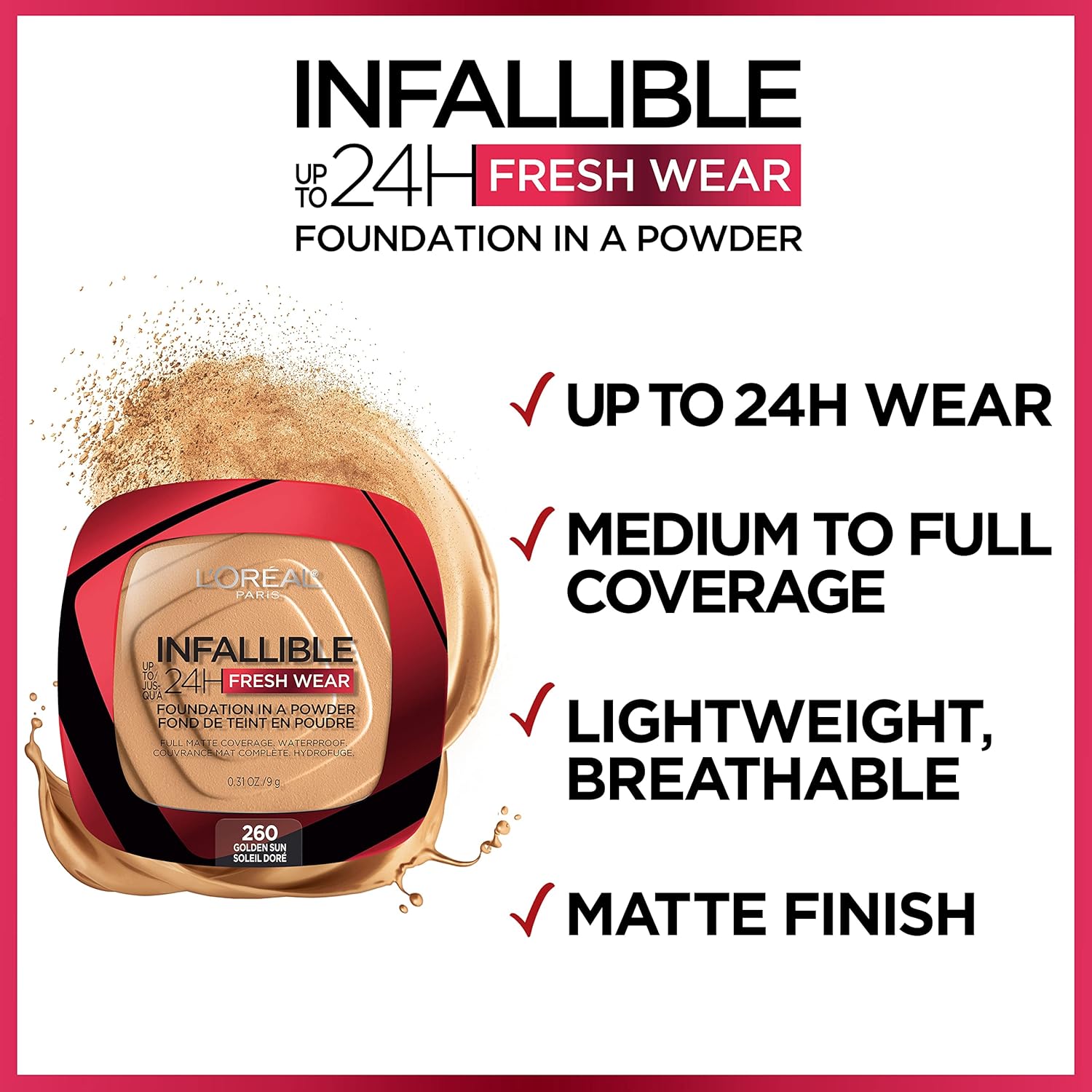 L'Oreal Paris Makeup Infallible Fresh Wear Foundation in a Powder, Up to 24H Wear, Waterproof, True Beige, 0.31 oz. (Packaging May Vary)