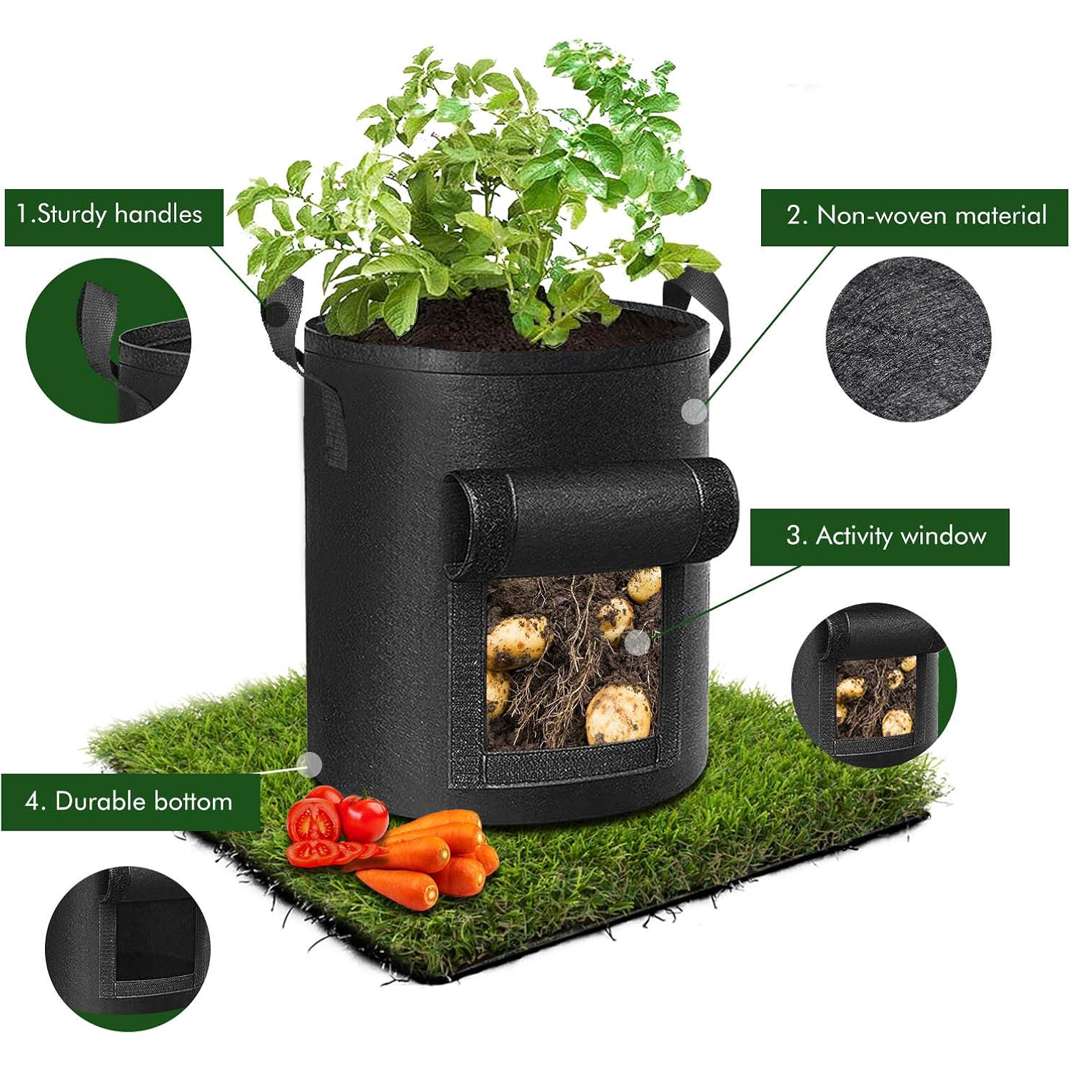 Cavisoo 5-Pack 10 Gallon Potato Grow Bags, Garden Planting Bag With Reinforced Handle, Thickened Nonwoven Fabric Pots For Tomato, Vegetable And Fruits