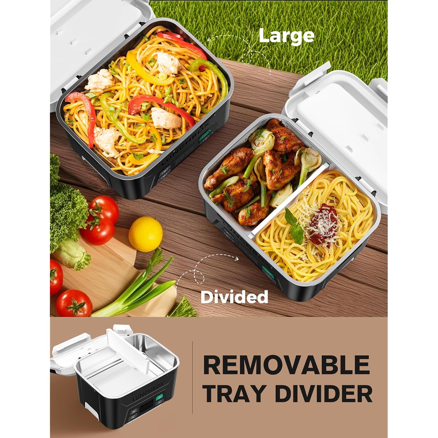 East Oak Cordless Electric Lunch Box For Adults, Heated Lunch Box Battery Powered With Automatic Heating, 5.5 Cups Portable Food Warmer With Removable Tray Divider