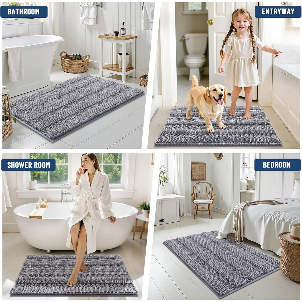 Grandaily Chenille Striped Bathroom Rugs 30x20, Extra Thick and Soft Absorbent Bath Mats, Rubber Backing, Plush Shaggy Shower Carpet, Machine Wash Dry, Bath Rug for Bathroom, Grey