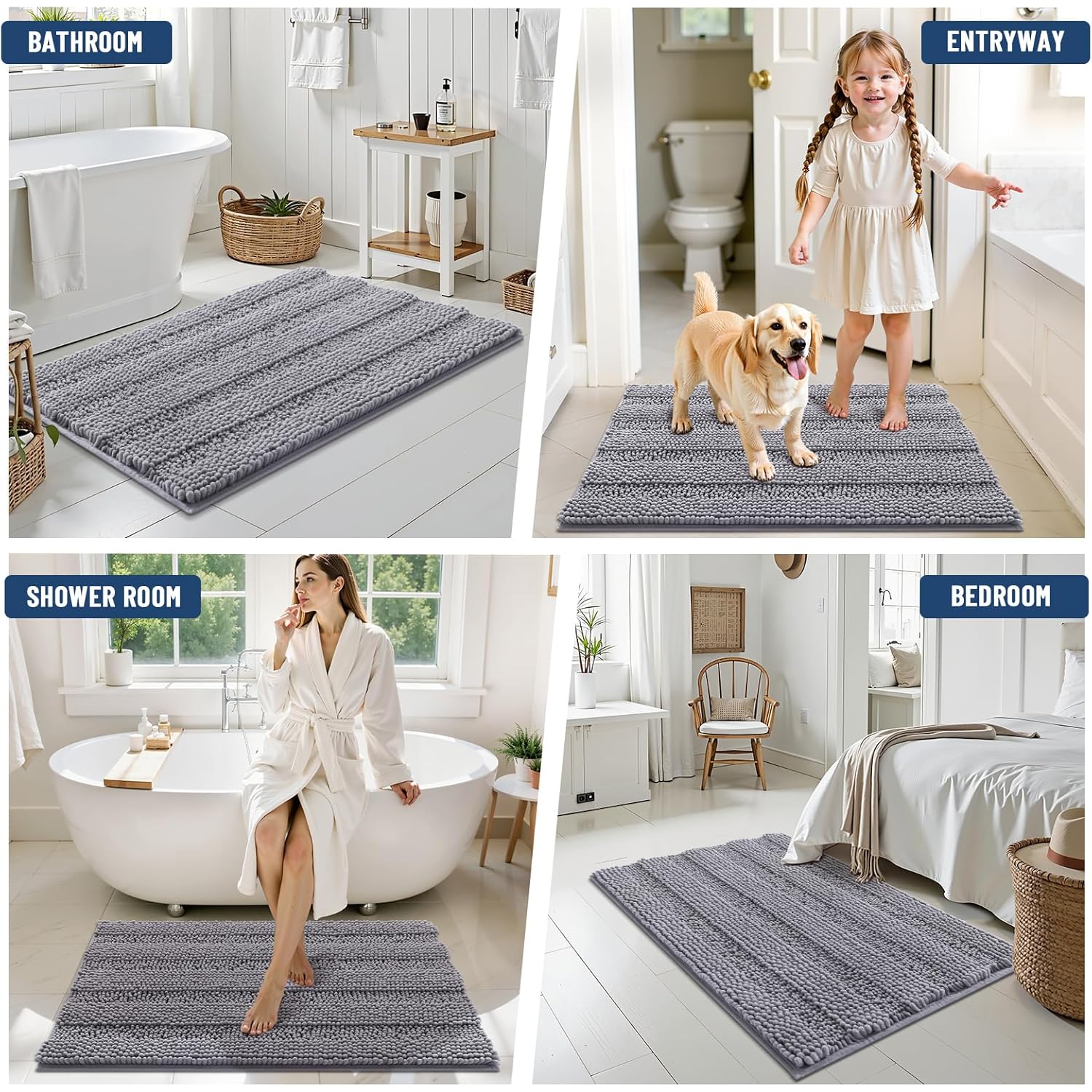 Grandaily Chenille Striped Bathroom Rugs 30x20, Extra Thick and Soft Absorbent Bath Mats, Rubber Backing, Plush Shaggy Shower Carpet, Machine Wash Dry, Bath Rug for Bathroom, Grey
