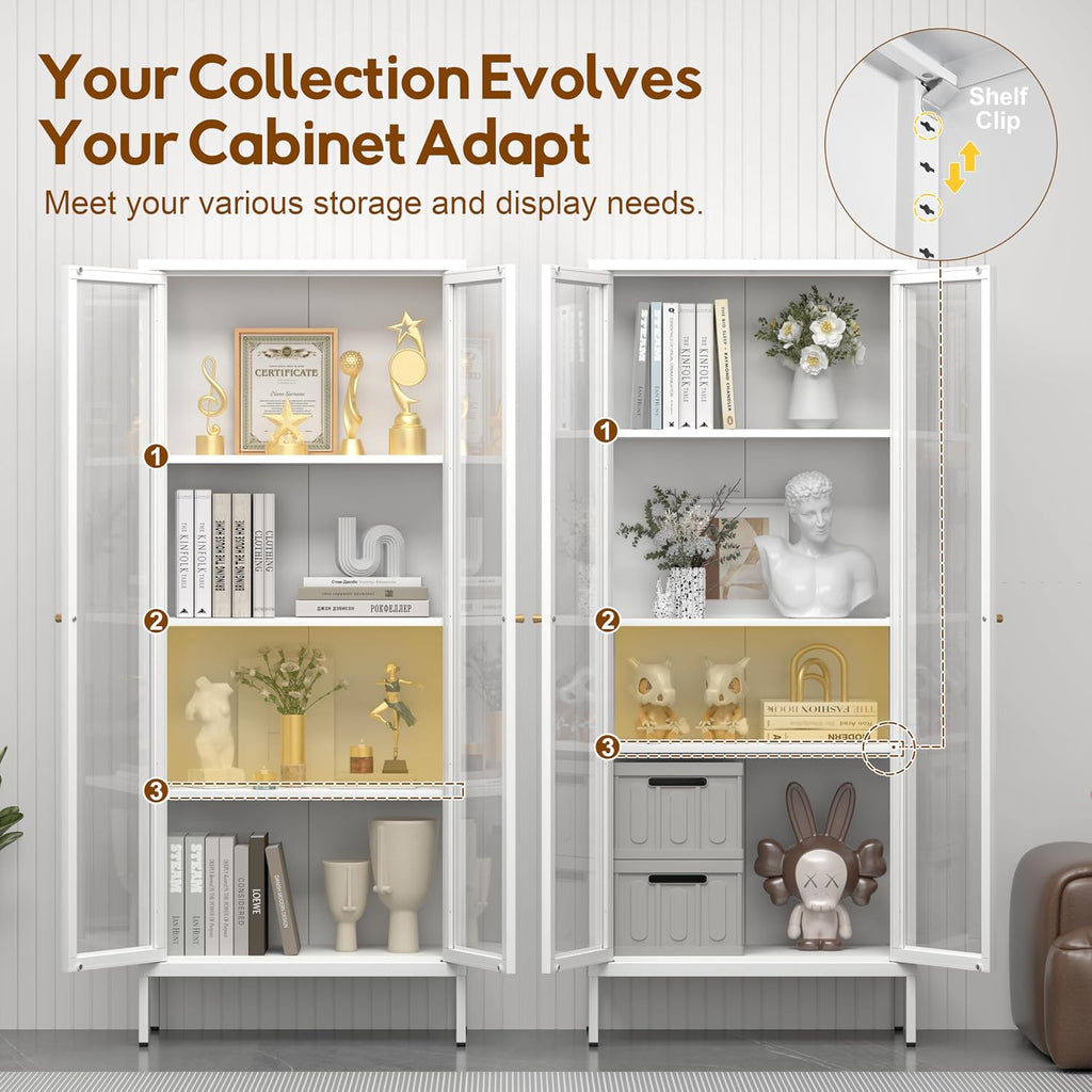 Display Cabinet With Glass Doors, Glass Display Cabinet 4-Tier, Metal Curio Display Cabinet With Tempered Glass Doors For Living Room, Plant, Display Shelf, Assembly Required, White