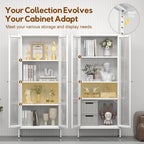 Display Cabinet With Glass Doors, Glass Display Cabinet 4-Tier, Metal Curio Display Cabinet With Tempered Glass Doors For Living Room, Plant, Display Shelf, Assembly Required, White