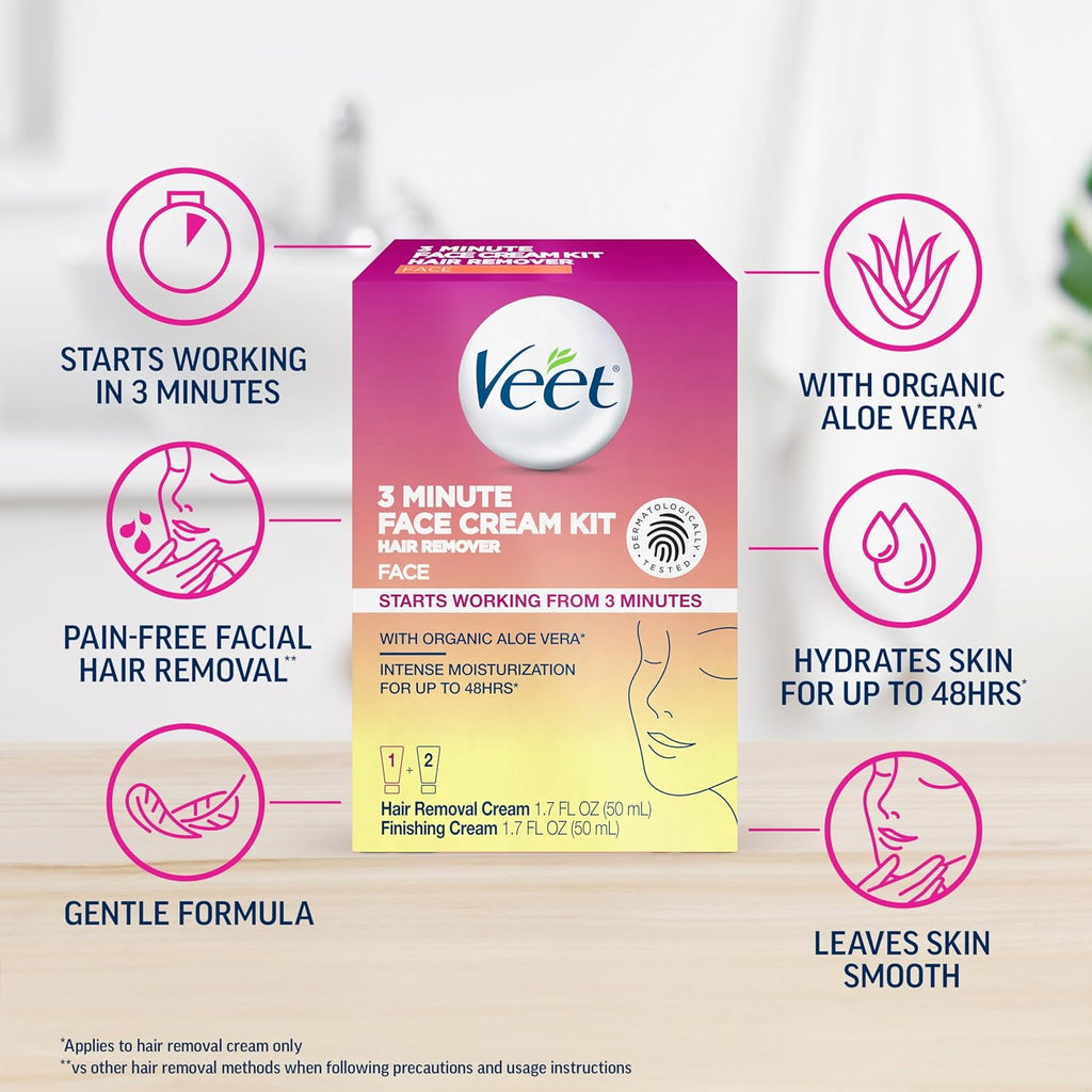 Veet 3 Minute Facial Hair Removal Cream for Women, Depilatory Cream with Organic Aloe Vera, 2 Piece Women's Facial Hair Remover Kit, 1.7 Fl Oz Hair Removal Cream + 1.7 Fl Oz Finishing Cream