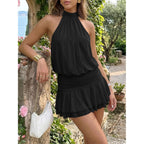 Wenrine Womens Mesh Halter Mini Dresses Summer Sleeveless Tie Open Back Ruched Waist Tiered Ruffle Going Out Club Dress