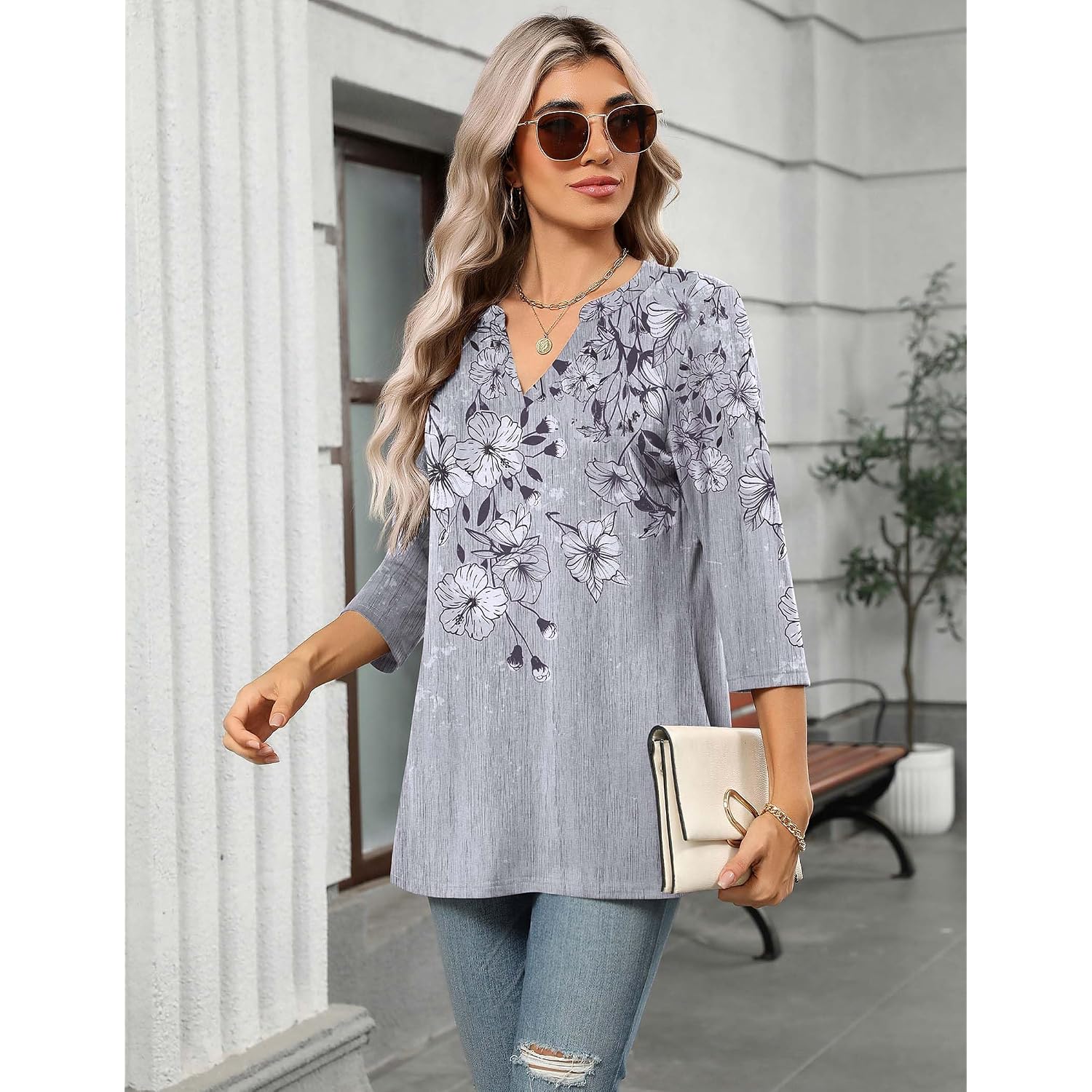 Zeagoo Womens 3/4 Length Sleeve Tops V Neck Tunic Casual Dressy Blouse Floral Printed Shirts