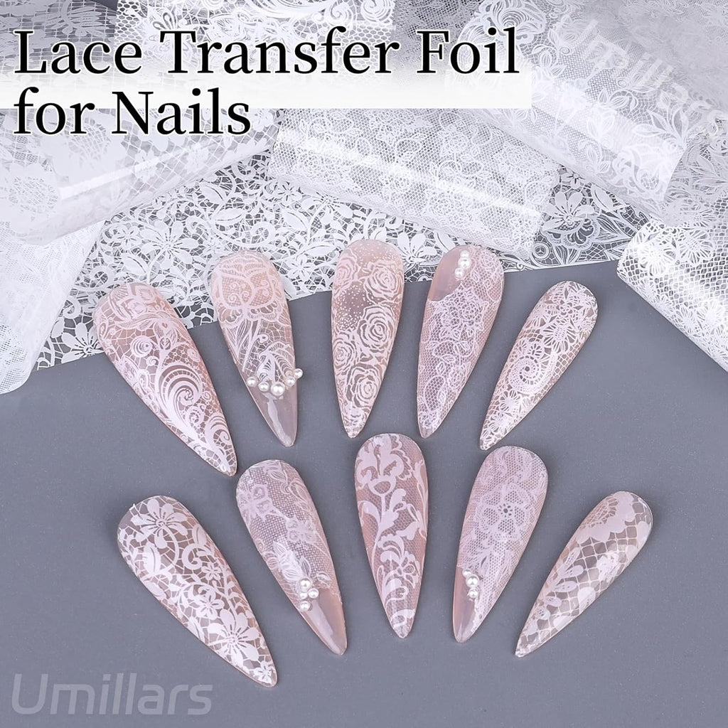 White Lace Nail Foil Transfer Stickers, 10 Rolls Nail Lace Flowers Stickers Design Holographic Nail Foils Transfer Paper Nail Art Decals for Women DIY Acrylic Nails Manicure Wraps Salon Decoration
