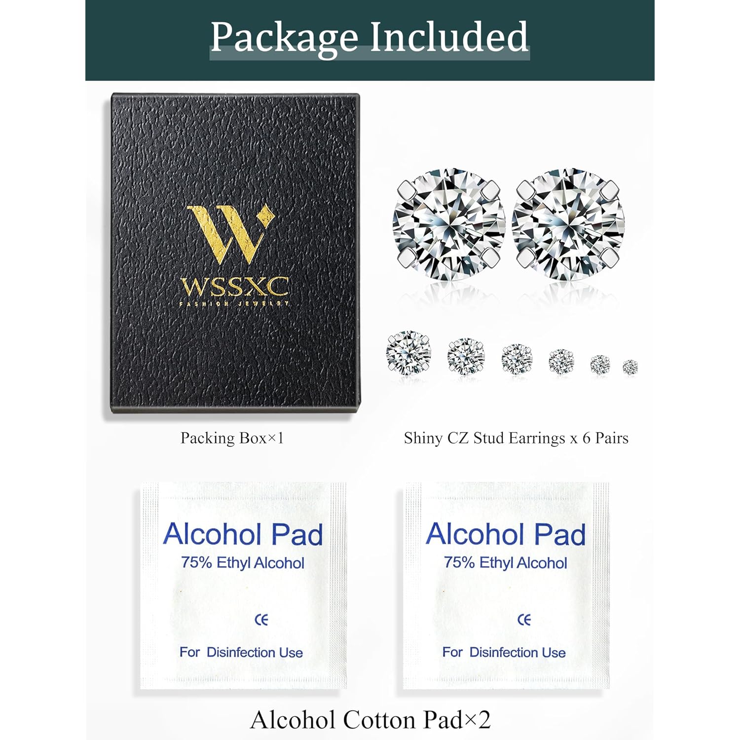6 Pairs Stud Earrings Set, Hypoallergenic Cubic Zirconia 316L Earrings Stainless Steel CZ Earrings 3-8mm (Steel color)