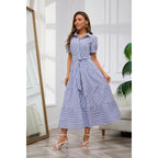 Utcoco Womens Casual Short Sleeve Button Down Tie Waist Ruffled Striped Maxi Shirt Dress