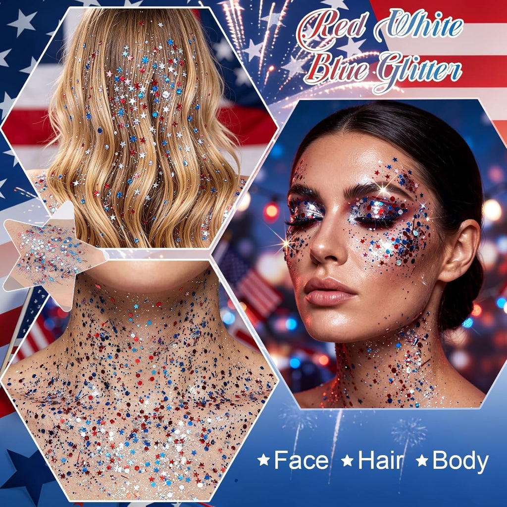 DAGEDA Red White Blue Face Body Glitter Stick,4th of July Accessories Sparkling Hair Glitter Makeup,Patriotic Red White and Blue Patriotic Accessories,Fourth of July Outfit Flag Glitters Makeup