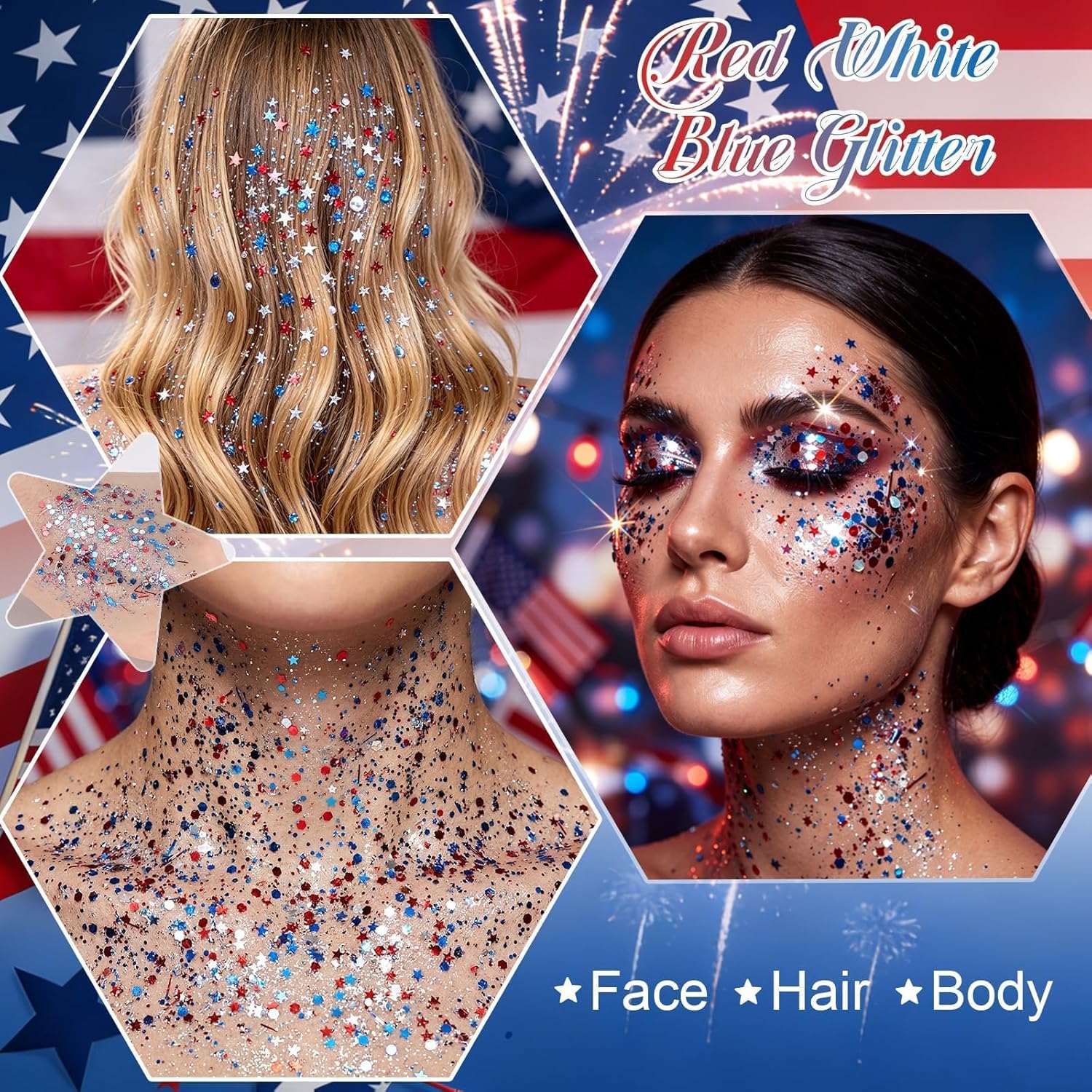 DAGEDA Red White Blue Face Body Glitter Stick,4th of July Accessories Sparkling Hair Glitter Makeup,Patriotic Red White and Blue Patriotic Accessories,Fourth of July Outfit Flag Glitters Makeup