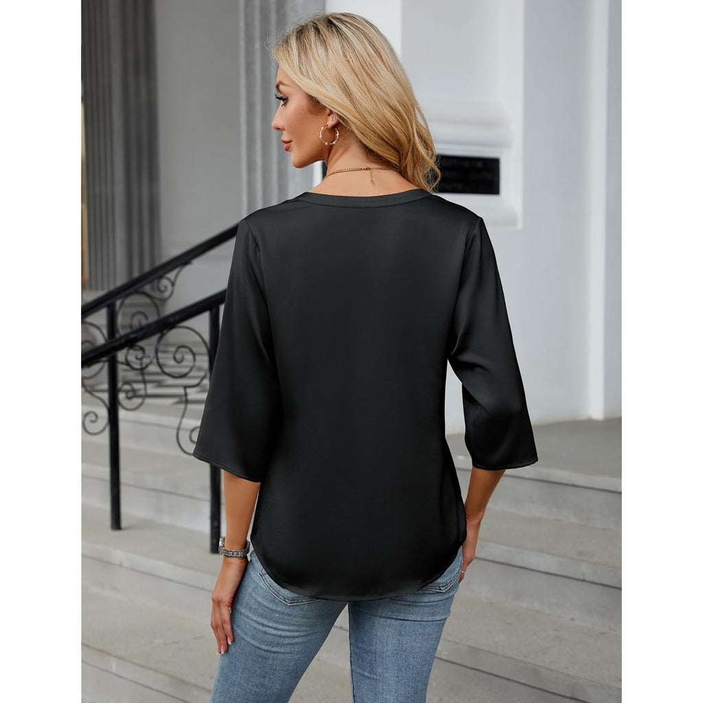 Womens Button Down Shirts 3/4 Sleeve Dressy Casual Tops Pleated Satin Silk Business Blouses 2026