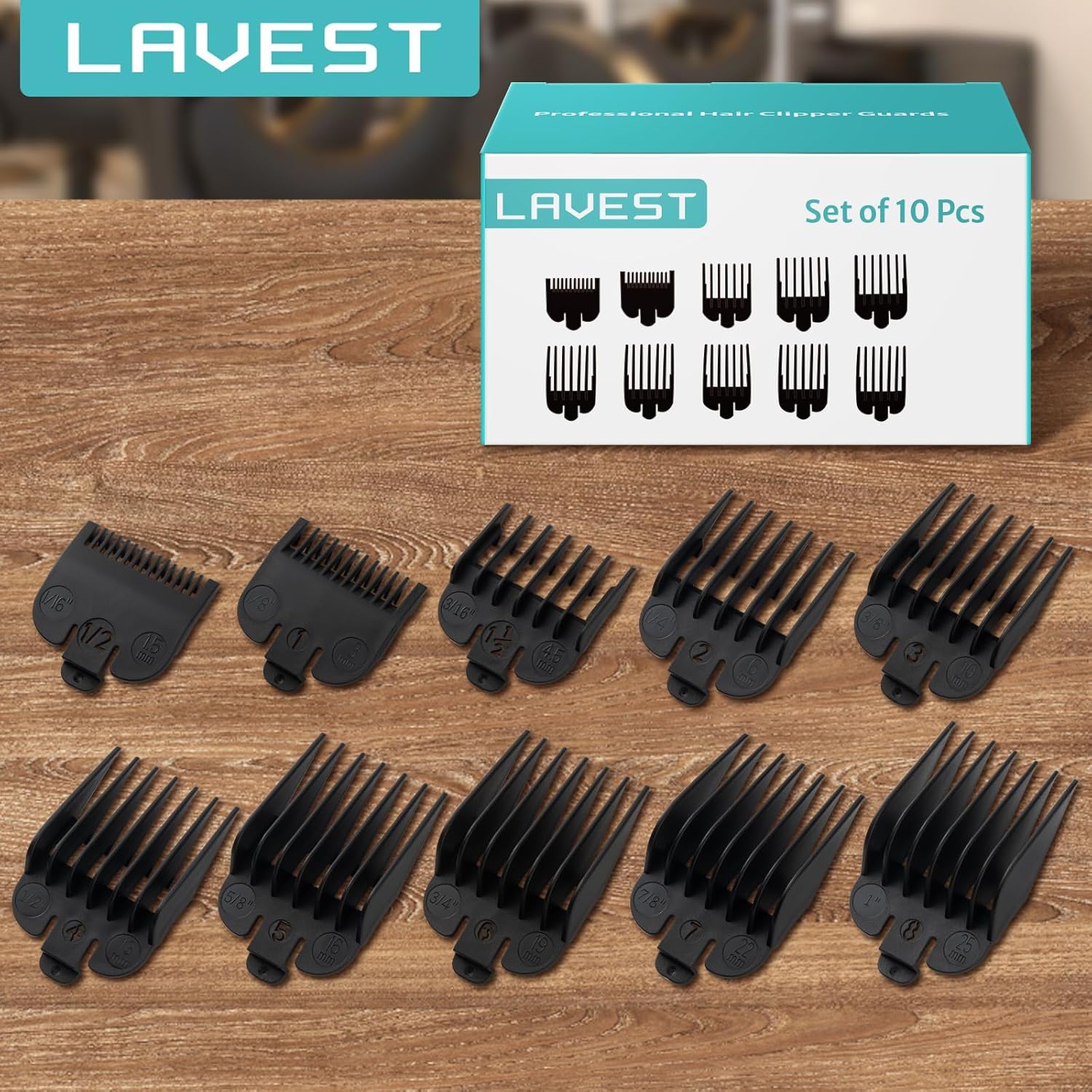 Clipper Guards Set Compatible with Wahl Clippers (Not for All Models), Clipper Guides Replacement - 1/16" to 1", 10 Piece Set, Black Color