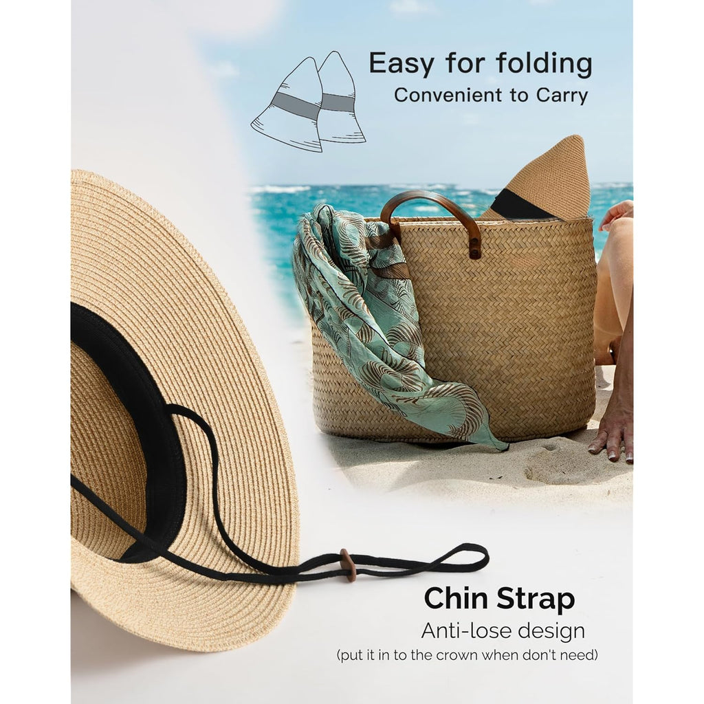 FURTALK Womens Beach Sun Straw Hat UV UPF 80+ Travel Foldable Brim Summer UV Hat