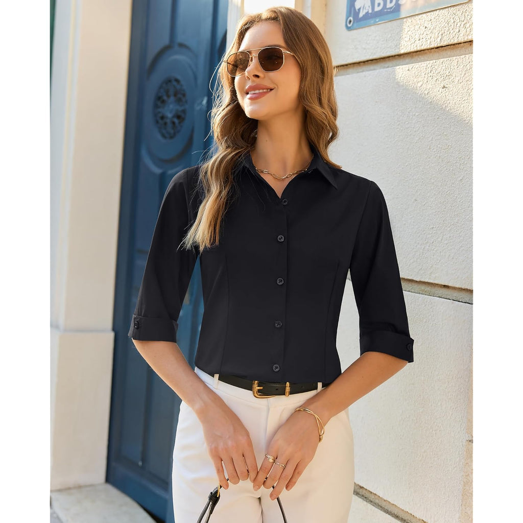 Button Down Shirts for Women: Slim Fit Stain Shield 3/4 Sleeve Dress Shirt Formal Work Button Up Blouses