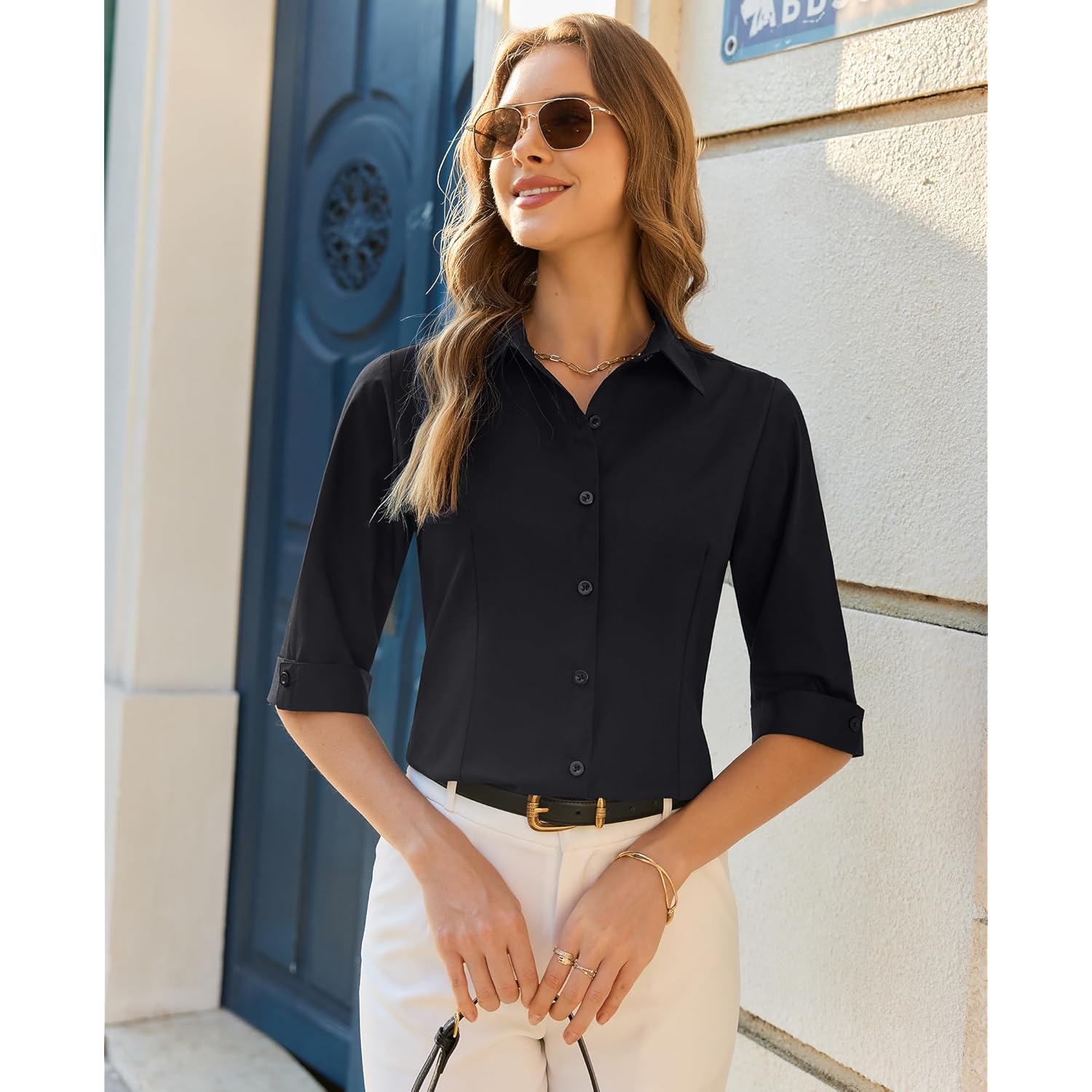 Button Down Shirts for Women: Slim Fit Stain Shield 3/4 Sleeve Dress Shirt Formal Work Button Up Blouses