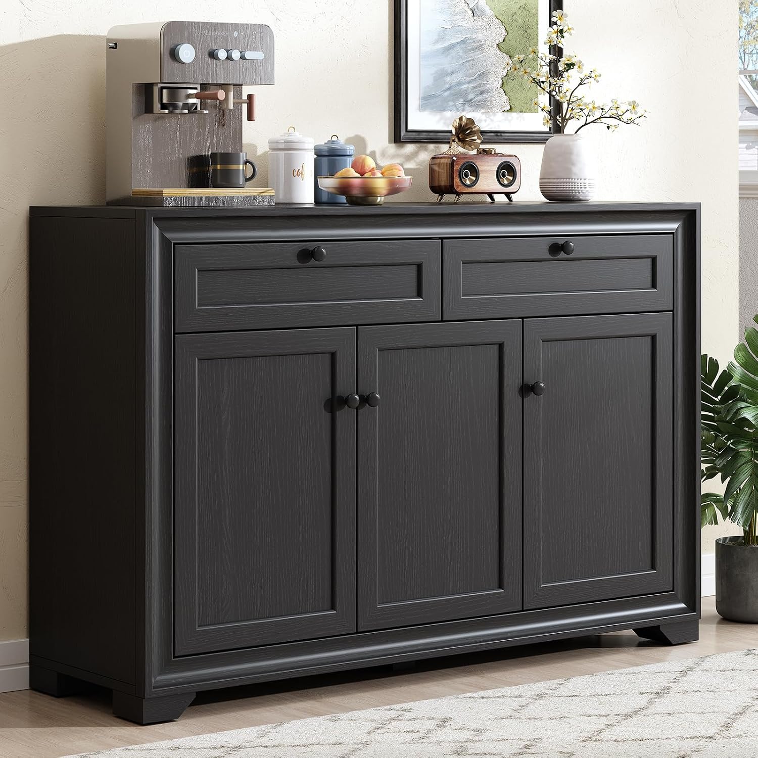 48 Inches Sideboard Buffet Cabinet With Storage, Farmhouse Sideboard With 2 Drawers And 3 Doors, Wood Coffee Bar Cabinet With Adjustable Shelves For Living Room, Kitchen, Hallway, Black