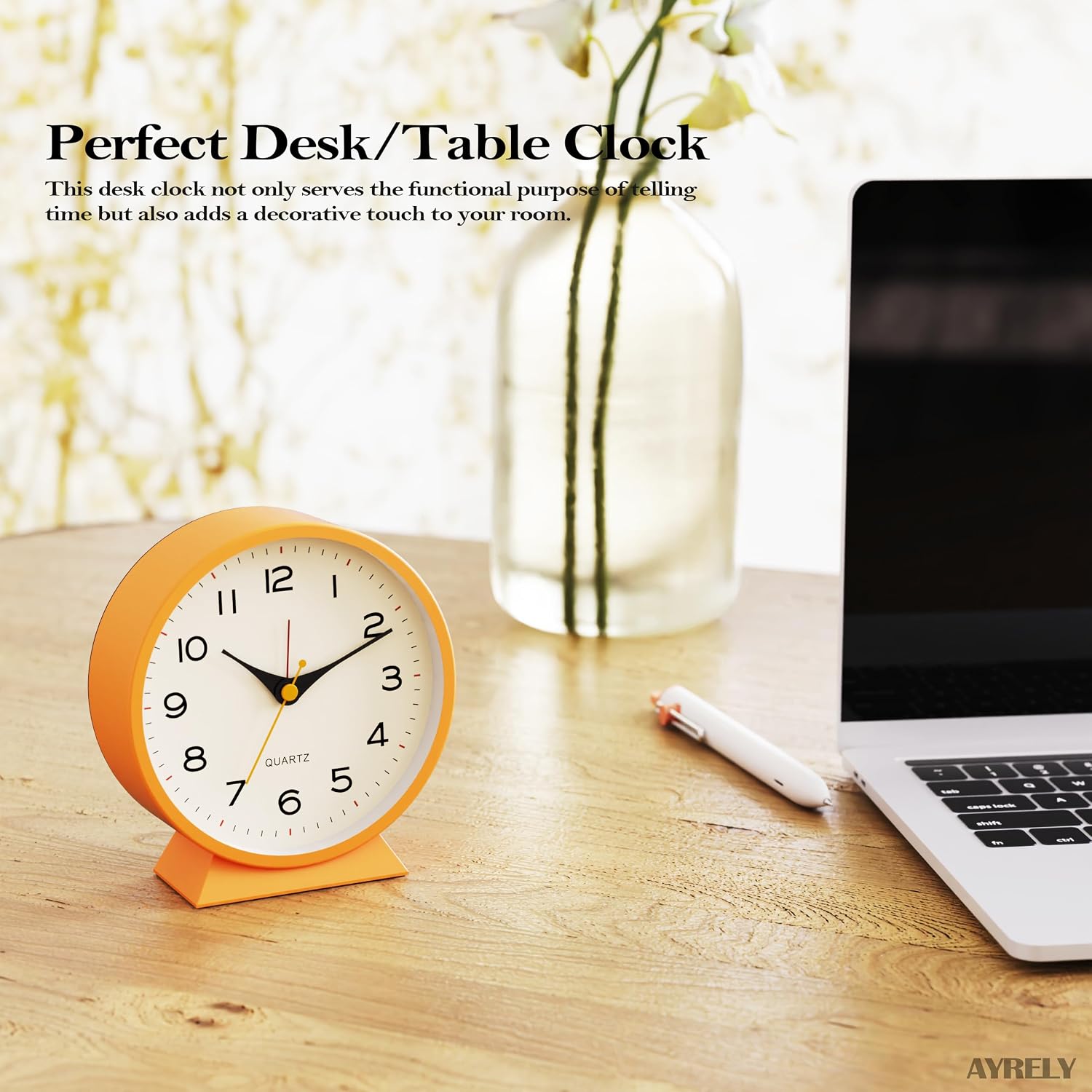 Ayrely® 4.5" Analog Alarm Clock,Small Retro Desk Clock Battery Operated,Silent Metal Table Clock With Light For Living Room Decor,Bedroom,Bedside,Shelf (Orange-Yellow)