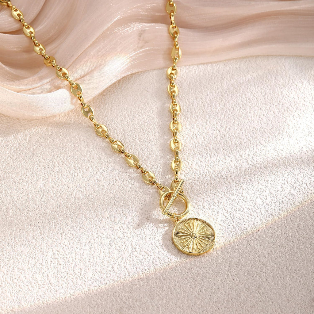 Chunky Gold Necklace for Women, Simple 14K Gold/Silver Plated Circle Pendant Choker Necklaces Trendy Dainty Heart Chain Toggle Clasp Necklace Jewelry Gift for Women