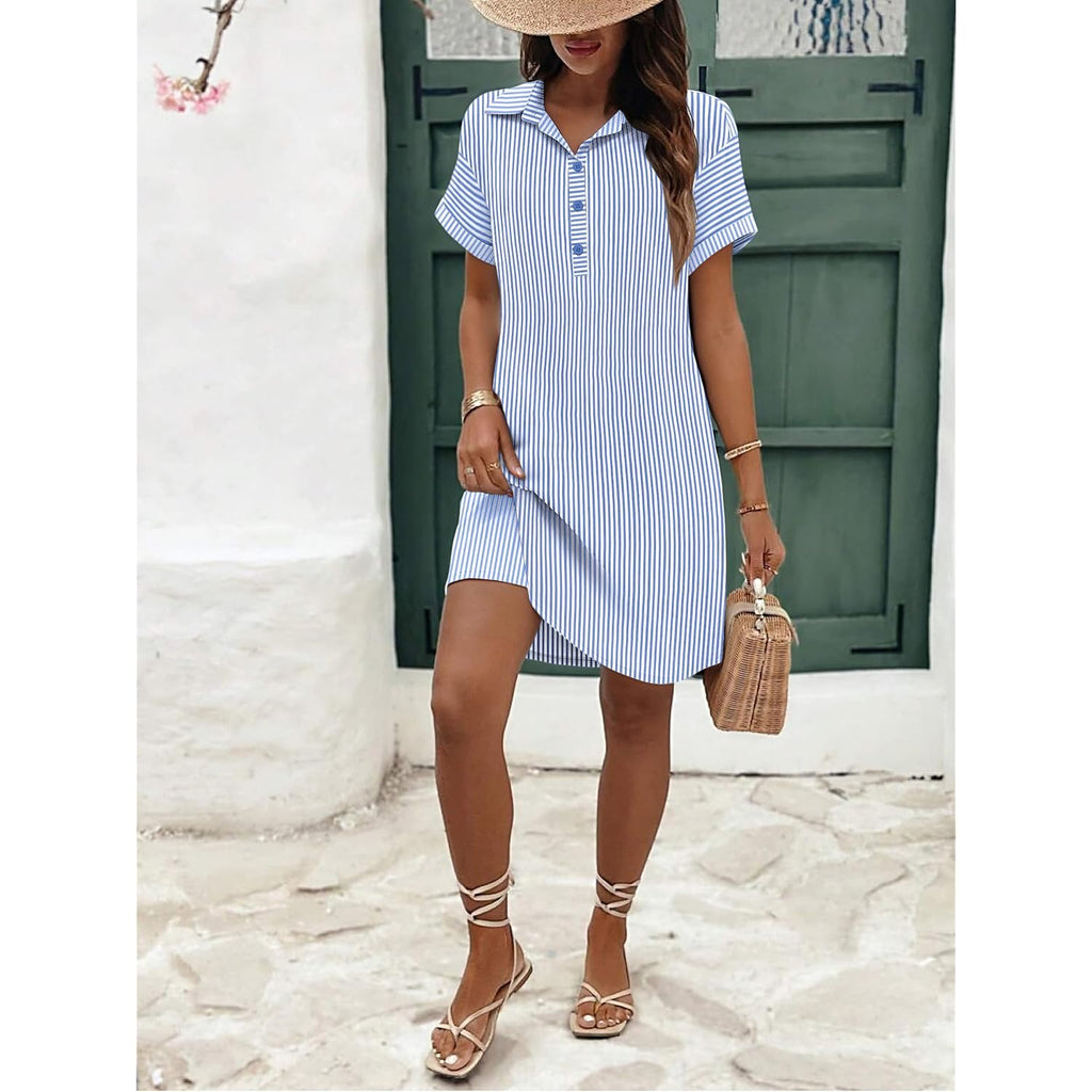 Zeagoo Womens Cotton Shirt Dress Summer Casual Short Sleeve Button Down Beach Cover Up Shirts With Pockets