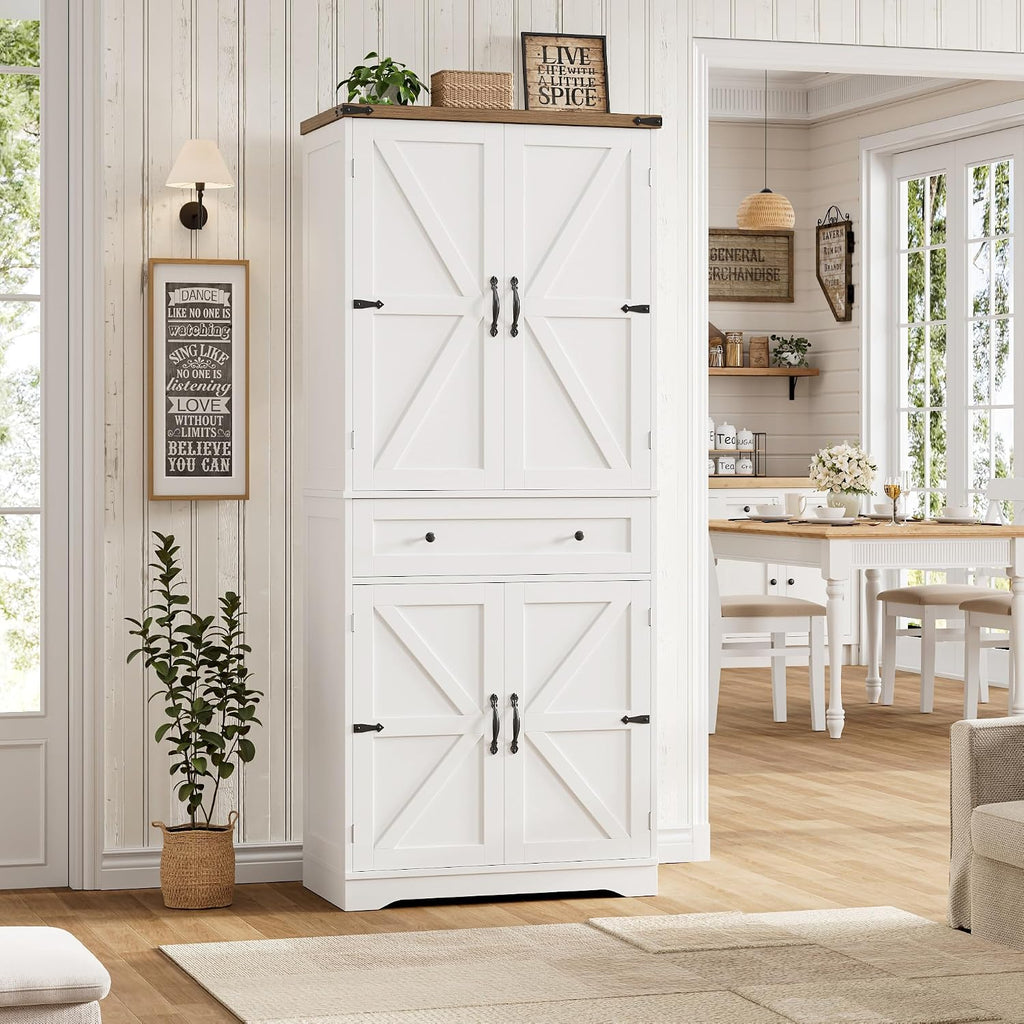 Hostack 71" Kitchen Pantry Storage Cabinet, Farmhouse Pantry Cabinet, White | Tall Kitchen Storage Cabinet With Wide Drawer, Freestanding Food Pantry With Doors & Shelves For Dining Room, Living Room