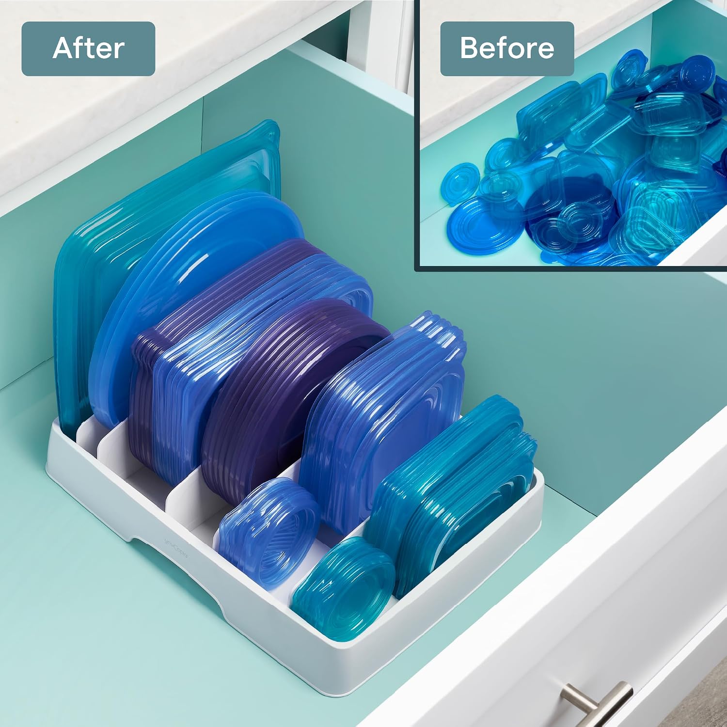 Youcopia Storalid Food Container Lid Organizer For Kitchen Cabinet Storage With 5 Adjustable Dividers, 10.5''D × 13.4''W × 3.3''H, Large Classic Edition, White