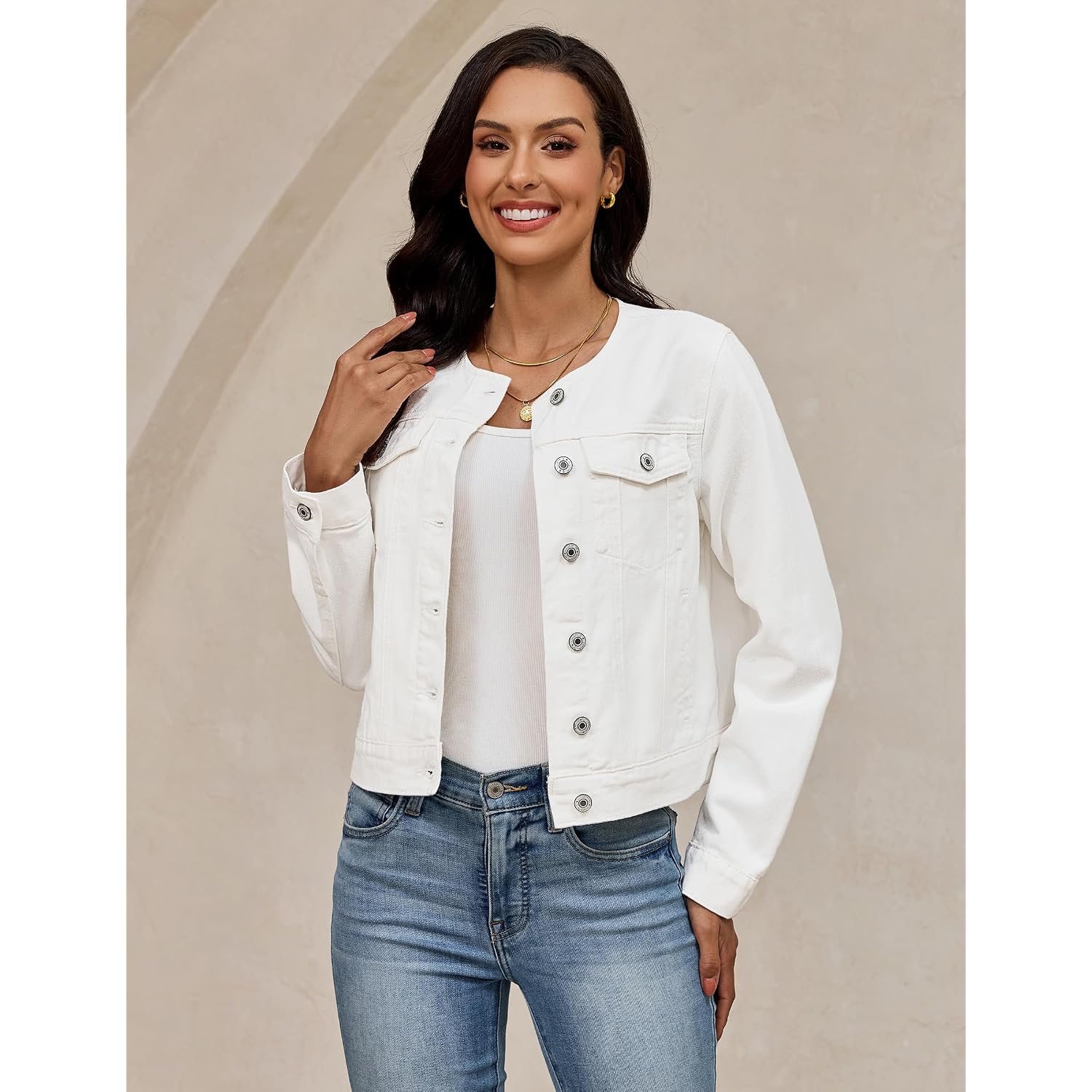 Luvamia Jean Jacket Women Trendy Collarless Button Down Long Sleeve Casual Western Denim Jacket Country Concert Outfits