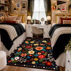 Releany Floral 5X7 Area Rugs Washable Print Boho Cute Carpet Non Slip Flower Low Pile For Living Room Bedroom Kitchen Office Farmhouse-Black