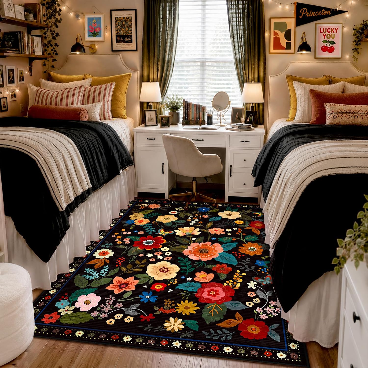 Releany Floral 5X7 Area Rugs Washable Print Boho Cute Carpet Non Slip Flower Low Pile For Living Room Bedroom Kitchen Office Farmhouse-Black