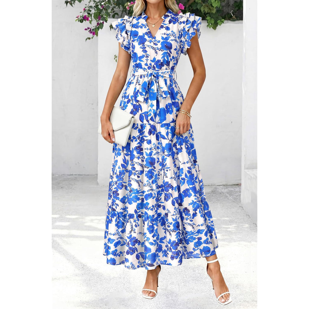 Dowerme Women Summer Maxi Dresses 2026 Ruffle Sleeve V Neck Floral Boho Long Dress Belted Tiered Sundress With Pockets