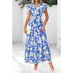 Dowerme Women Summer Maxi Dresses 2026 Ruffle Sleeve V Neck Floral Boho Long Dress Belted Tiered Sundress With Pockets