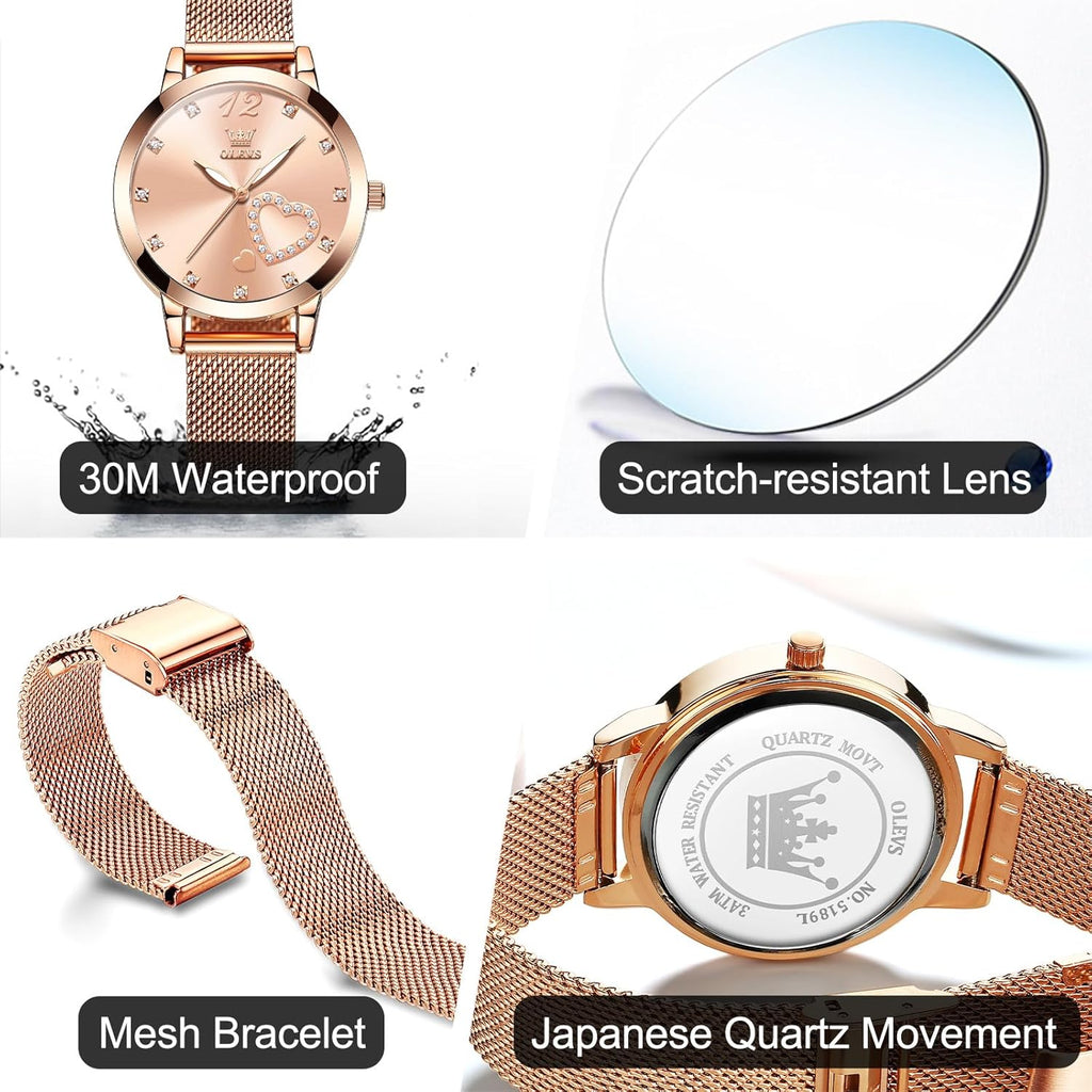 OLEVS Women's Small Wrist Rose Gold Tone Watch - Cute Diamond Heart Arabic Numerals Dial, Fashion Waterproof Mesh Bracelet Analog Dress for Ladies