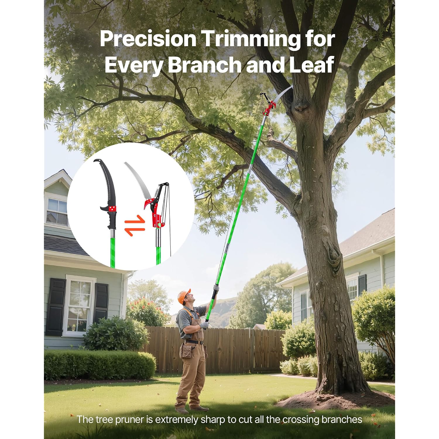 Vevor Manual Pole Saw, 3.87-27 Ft Extendable Pole Tree Pruner With Scissors, Sharp 65Mn Steel Blade, Lightweight Fiberglass Handle Pole, For High Branch Trimming, Pruning Tool For Palms And Shrubs