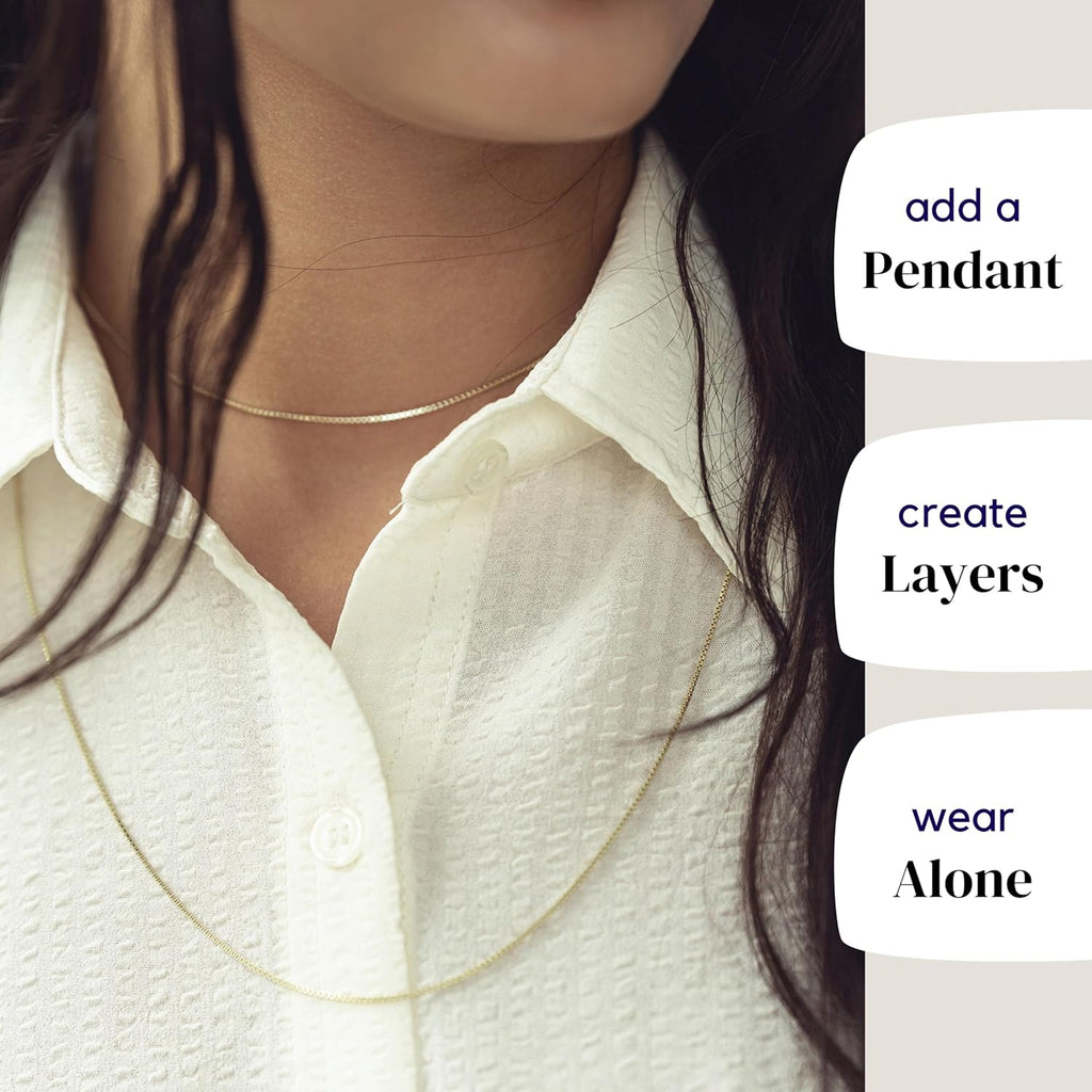 KISPER Italian 18K Gold Plated 925 Sterling Silver Diamond Cut Box Link Chain Necklace – for Women & Men with Spring Ring Clasp – Made in Italy